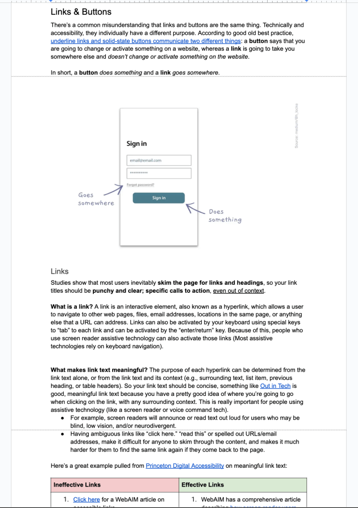 Snippet of Links and Buttons section of checklist